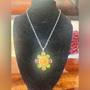 Silver Tone Multicolor Glass Cross Pendant Necklace 20” Cat Eye Style Stones